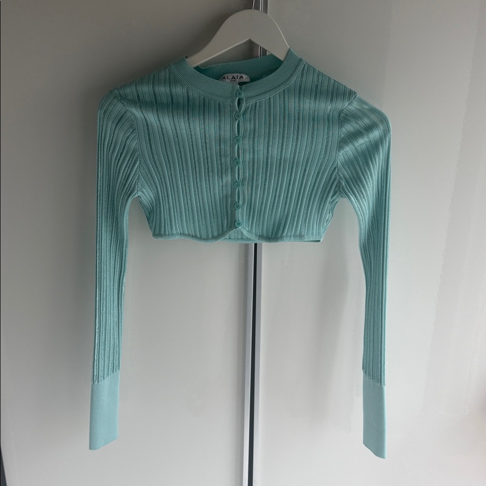 Alaia Light Blue Sheer Knit Crop Top